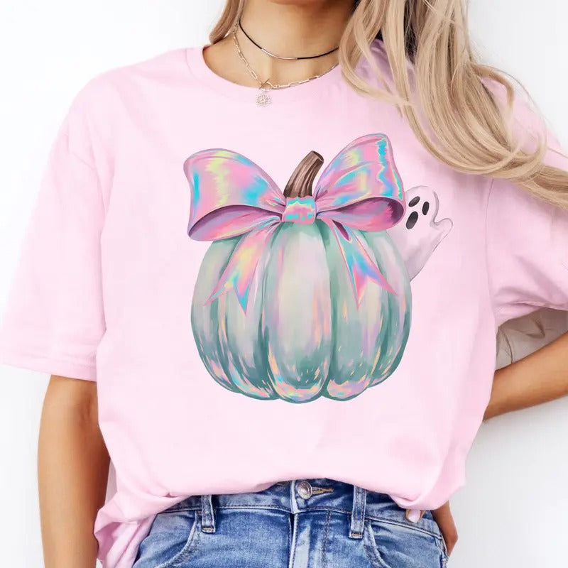 Pastel Pumpkin Tee Pastel Pumpkin and Ghost Tshirt Halloween Pastel Pumpkin T-Shirt Coquette Pumpkin Top Cute Pumpkin and...