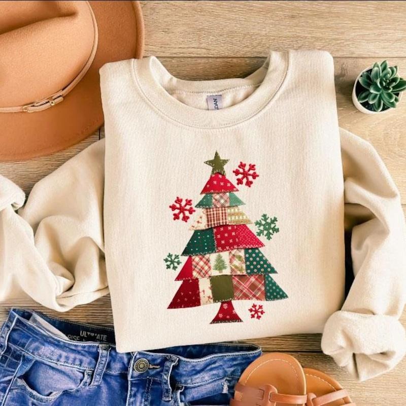 Patchwork Christmas Tree Sweatshirt, Faux Cozy Quilted Holiday Tree Long Sleeve, Cute Plaid and Bow Graphic Hoodie...