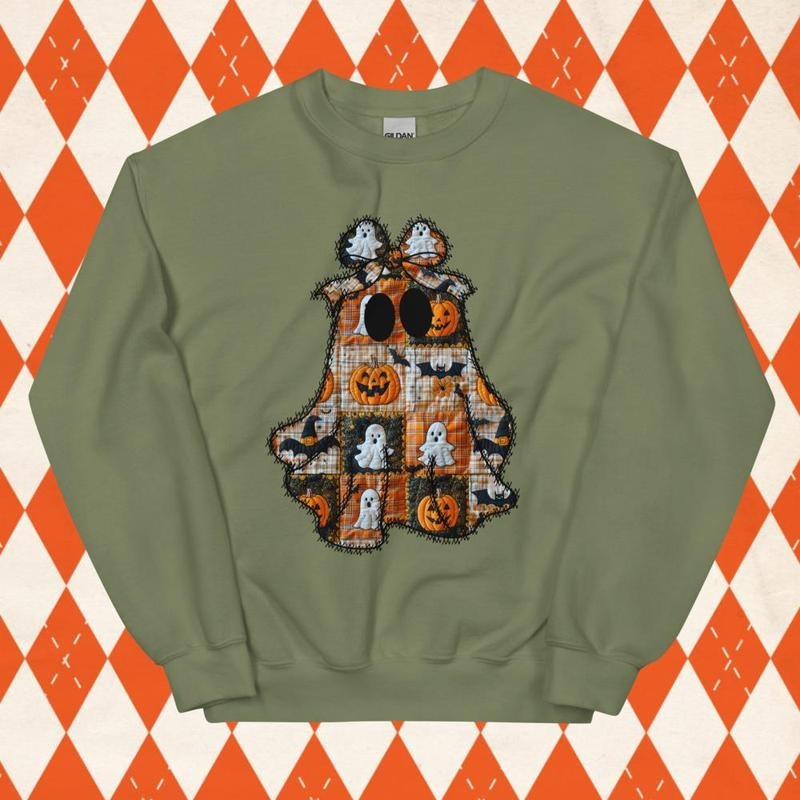Patchwork Ghost Halloween Sweatshirt - Spooky Season Unisex Apparel Relaxed Fit Printed In The USA Clothing Womenswear...
