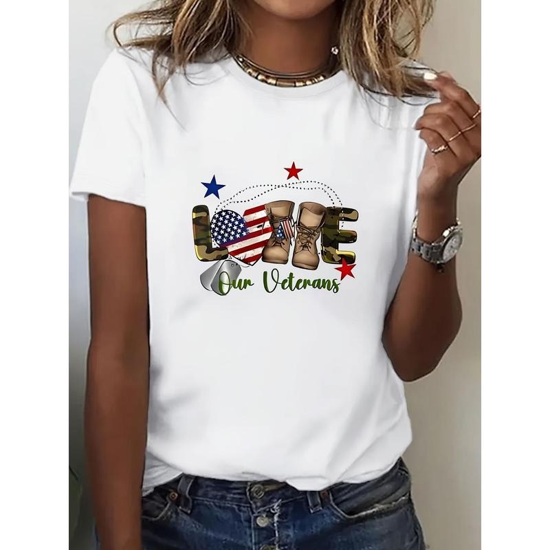 Patriotic "LOVE Our Veterans" Graphic Print Women's Short-Sleeve T-Shirt