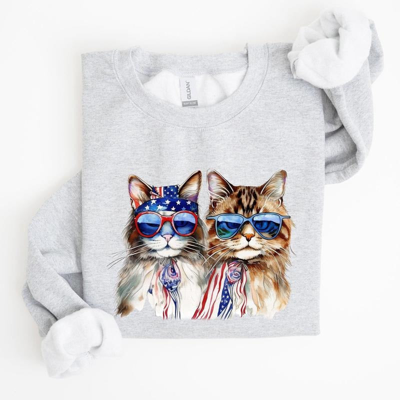 Patriotic Cats, Hippie, Funny, 4th of July Sweatshirt, Women's Crew Neck, Crewneck T-Shirts, Hoodie | HypeCrazeTee.com