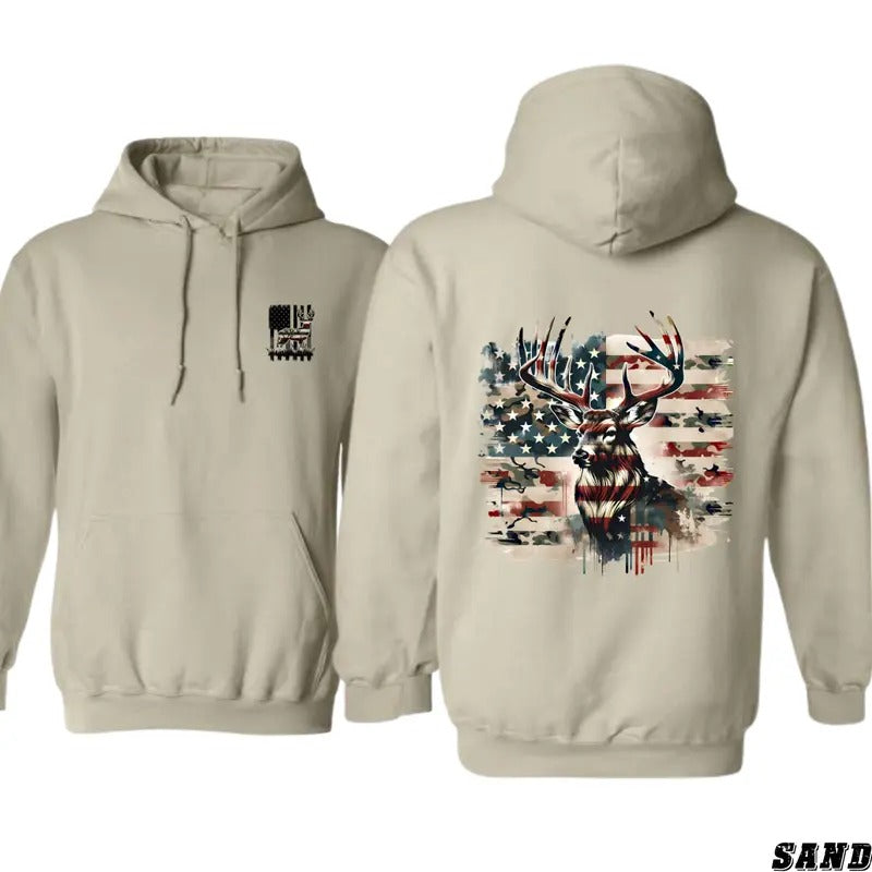 Patriotic Deer Hoodie for Outdoor Enthusiasts and Hunters, Unisex Design with American Flag Pattern - tiktok shop store,...