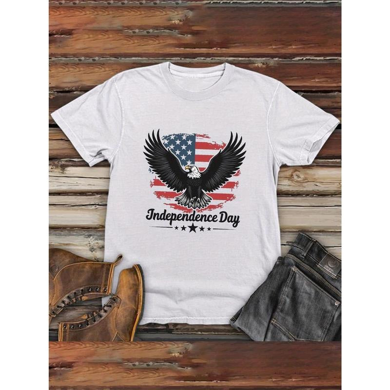 Patriotic Eagle & American Flag T-Shirt - Casual Independence Day Short-Sleeve Tee with "Independence Day" Text, Brown,...