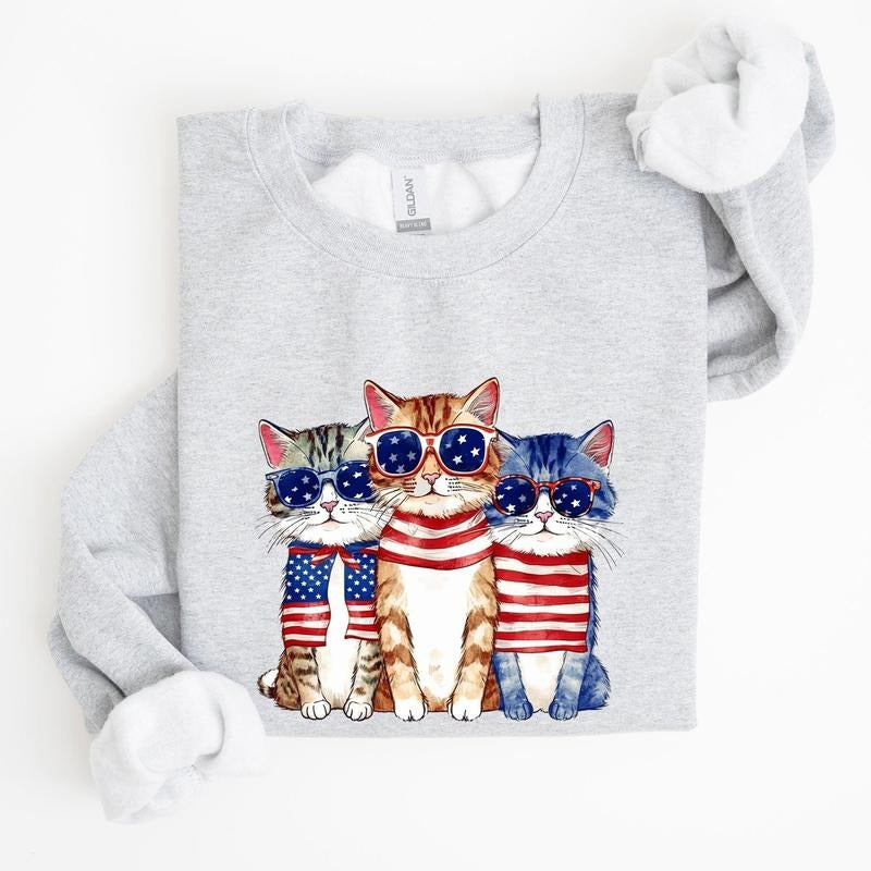 Patriotic Hippie Cats, Funny,  4th of July Sweatshirt, Women's Crew Neck, Crewneck T-Shirts, Hoodie | HypeCrazeTee.com