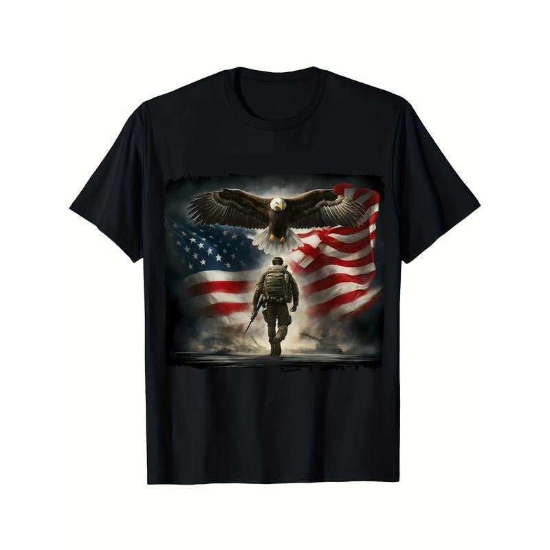 Patriotic Military Eagle USA Eagle American Flag Print T-Shirt for Men, Comfortable and Great for Summer Hoodie, Sweatshirt