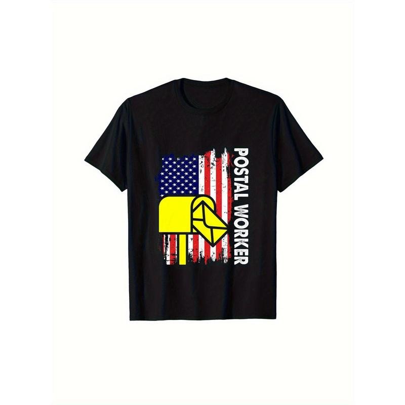 Patriotic Postal Worker T-Shirt - American Flag Design with Mailbox Graphic, Black Cotton Crew Neck Tee,  Casual &...