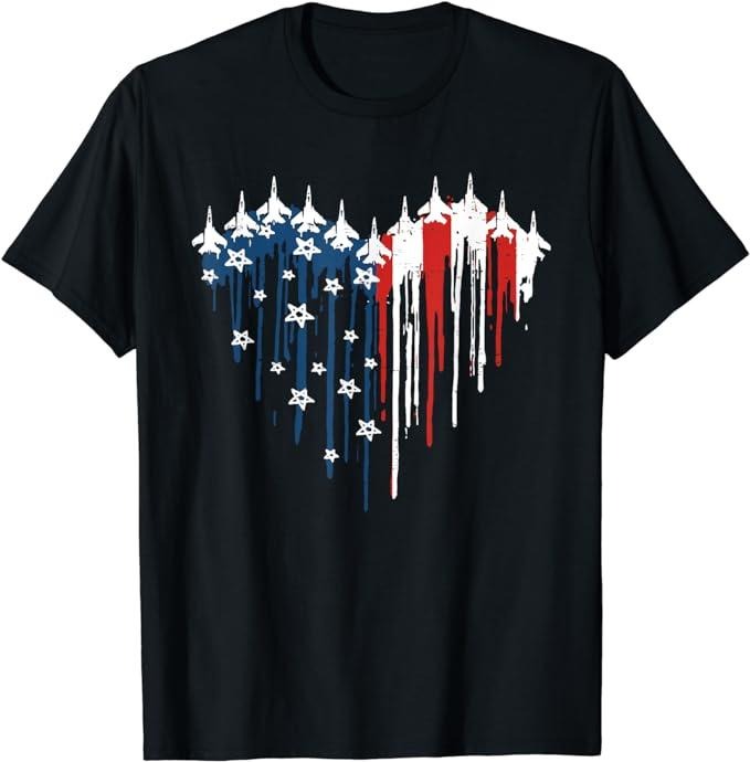 Patriotic Shirts Retro Fighter Jet Airplane American Flag Heart 4th July Menswear Top Casual Cotton Basic T-Shirts, Hoodie, Sweatshirt