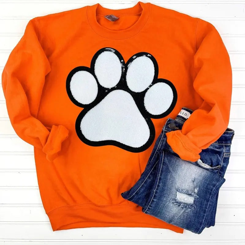 Paw Chenille Sequin Patch Sweatshirt -- ORANGE T-Shirts, Hoodie | HypeCrazeTee.com