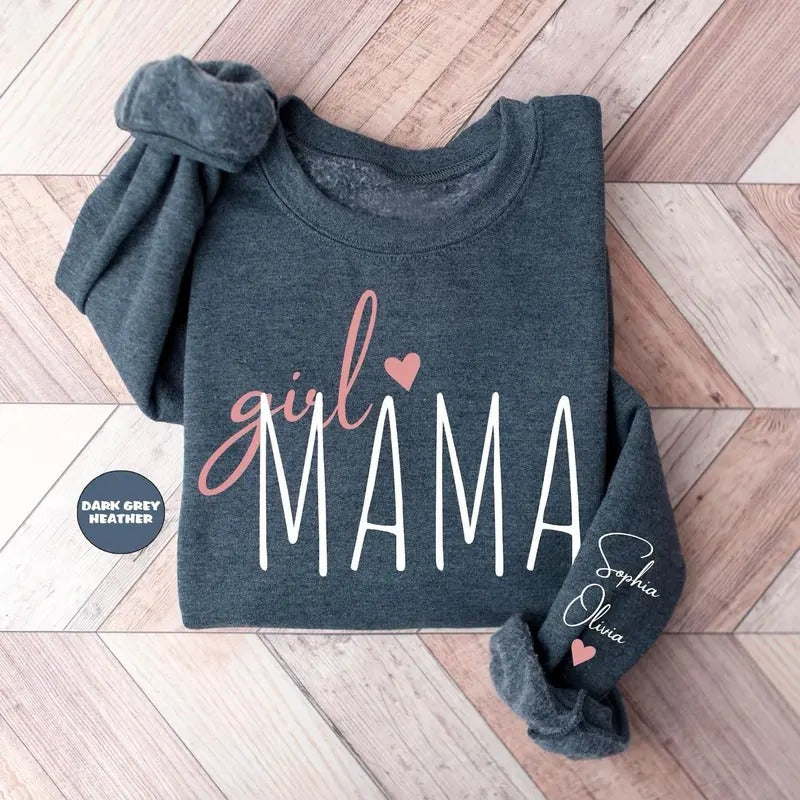 Personalized Girl Mama Sweatshirt, Custom Mom Of Girls Hoodie, New Mama Shirt, Baby Announcement Momma Clothing, Cute...