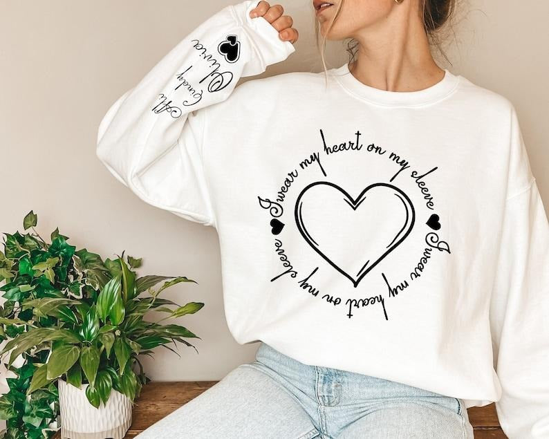 Personalized I Wear My Heart On My Sleeve Sweatshirt & Hoodie, Gift for Mom, Mama Sweatshirt with Children Name on...