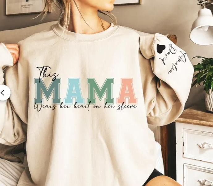 Personalized This Mama Wears Her Heart On Her Sleeve Hoodie, Personalized Mom Sweatshirt With Kids Names, Cute Momma...