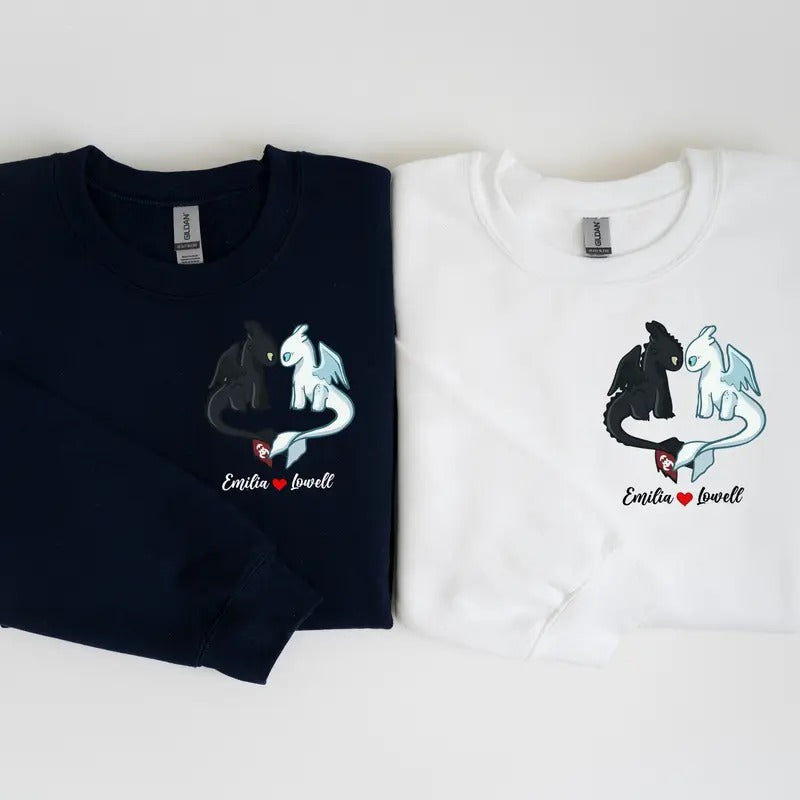 Personalized Toothless and Light Fury Couple Sweatshirt, Toothless Couple Dragon Hoodie, Matching Anniversary Hoodie,...