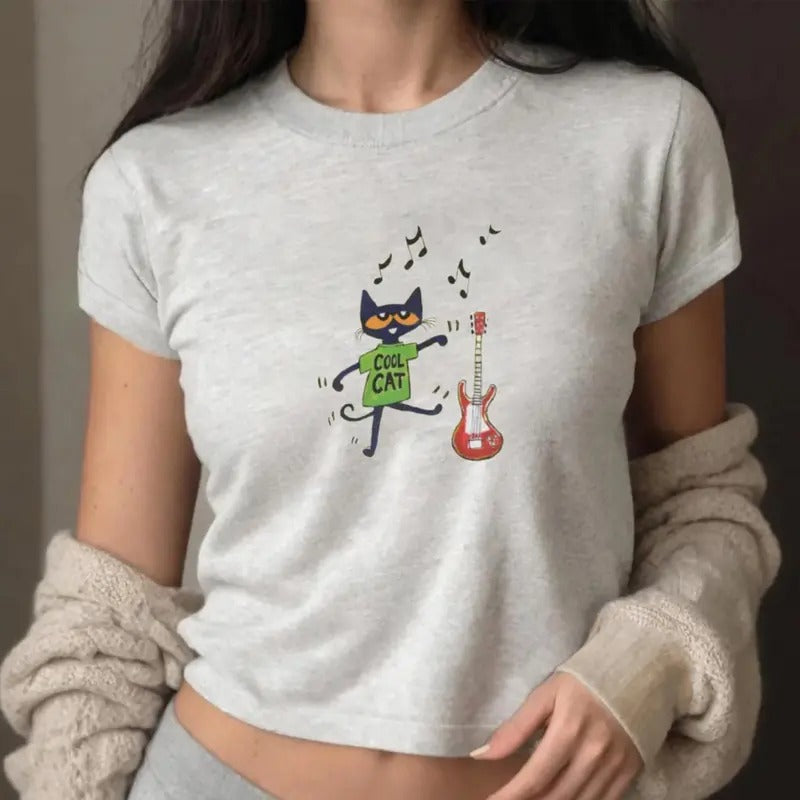 Pete The Cool Cat Baby Tee, Pete The Cat Playing Guitar Baby Tee, Rocking Pete The Cat Tee Shirt, Cute Cartoon T-Shirt...