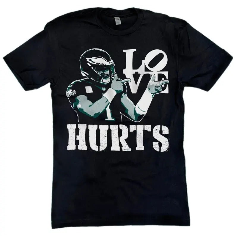 Philadelphia Shirt Jalen Hurts "Love Hurts" T-Shirt Funny Graphic Unisex Trendy Top Tee Hoodie, Sweatshirt | HypeCrazeTee.com
