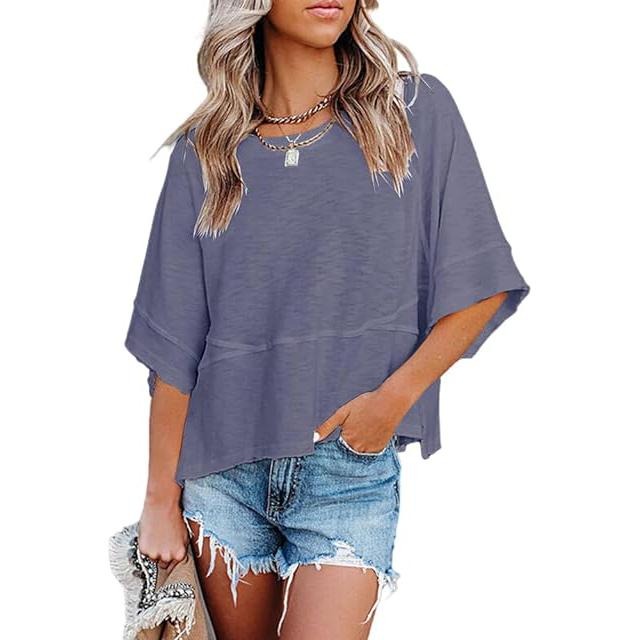 PiePieBuy Women's 2025 Autumn Casual Crewneck Batwing Half Sleeve T-Shirts Solid Color Loose Fit Cute Basic Flowy Tops...