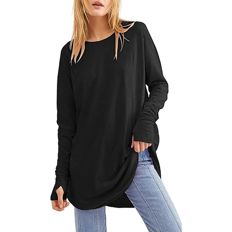 PiePieBuy Women's Casual Long Sleeve Tops Crew Neck Round Hem Loose T-Shirts Tunic Tops with Thumb Holes Hoodie, Sweatshirt
