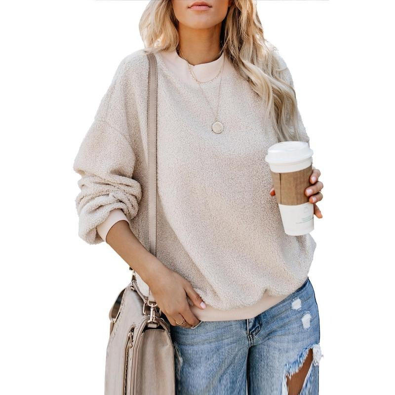 PiePieBuy Womens Crewneck Fuzzy Sweatshirt Fleece Sherpa Pullover Long Sleeve Casual Fluffy Winter Warm Coat Tops, Wine...