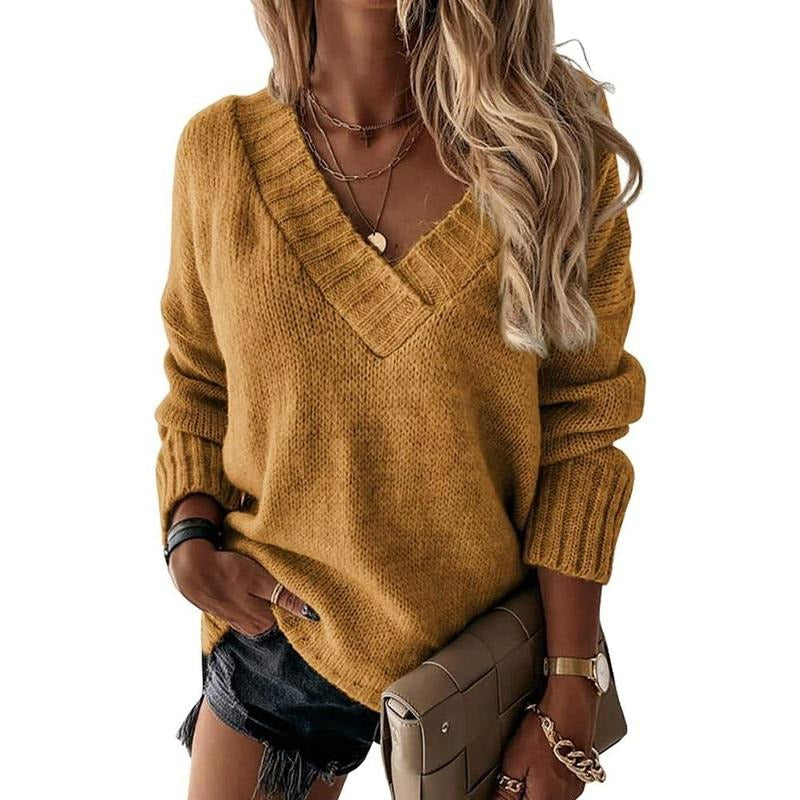 PiePieBuy Womens Loose Sweaters Sexy V Neck Long Sleeve Solid Knitted Jumper Pullover Sweatshirt Tops T-Shirts, Hoodie