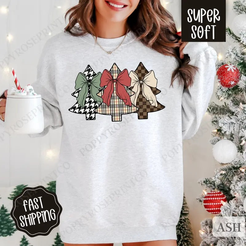 Plaid Christmas Tree Sweatshirt, Preppy Christmas Crewneck,  Womens Holiday Sweater T-Shirts, Hoodie | HypeCrazeTee.com