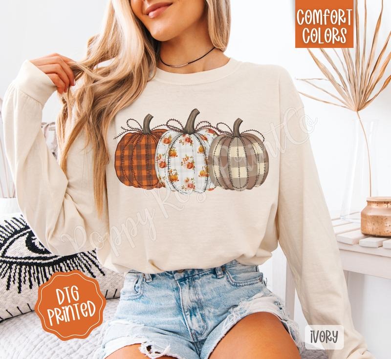 Plaid Floral Pumpkins Comfort Colors Long Sleeve T-Shirt, Cute Women's Fall Tee Hoodie, Sweatshirt | HypeCrazeTee.com
