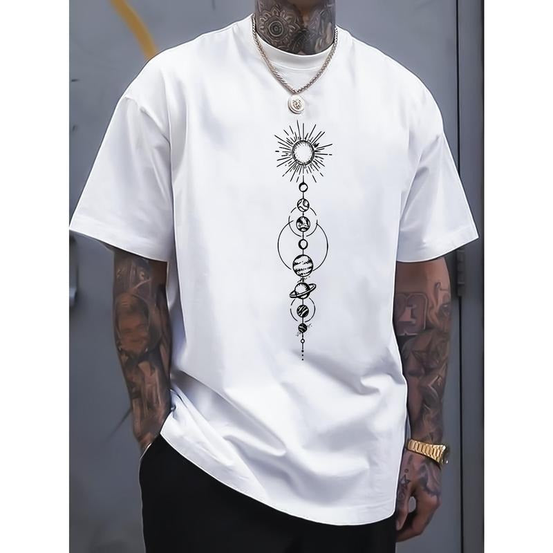 Planet Creative Print Men's Short Sleeve T-Shirt, Casual Round Neck Top, Versatile And Comfortable Tee, Spring& Summer...