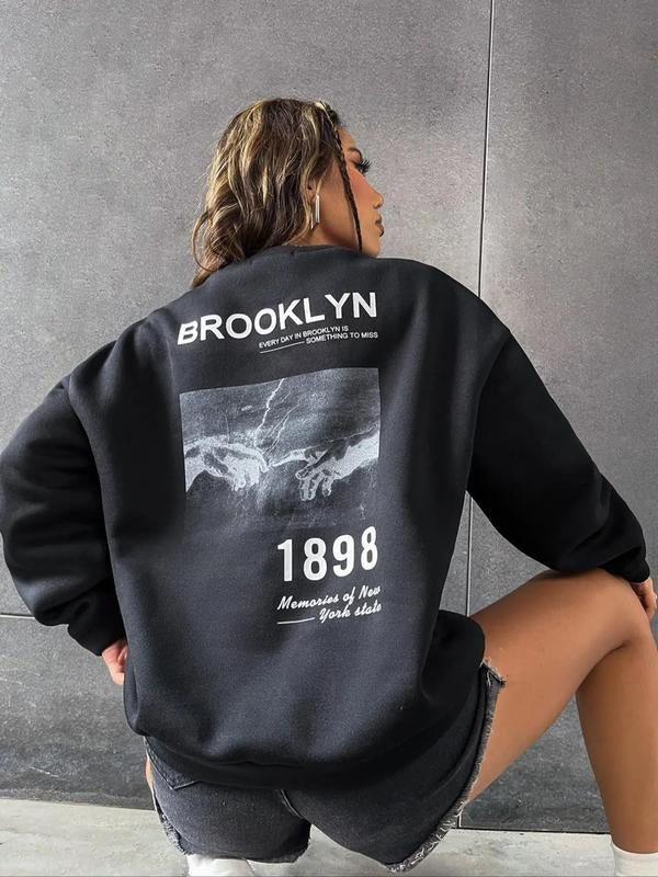 Plus 1898 Print Drop Shoulder Graphic Sweatshirt Without Necklace, Casual Long Sleeve Round Neck Pullover for Spring &...