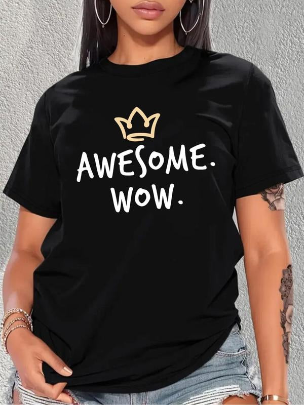 Plus Cartoon Crown & Letter Print Round Neck Tee, Casual Short Sleeve T-Shirt for Summer, Women's Plus Clothing for Daily...