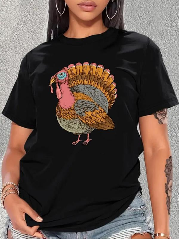 Plus Cartoon Turkey Print Round Neck Drop Shoulder Tee, Fashion Casual Crew Neck T-Shirt for Daily Holiday Vacation...
