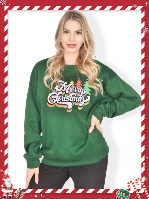 Plus Christmas Print Drop Shoulder Sweatshirt, Casual Crewneck Longsleeves  Pullover for Women, Women's Top for Fall &...