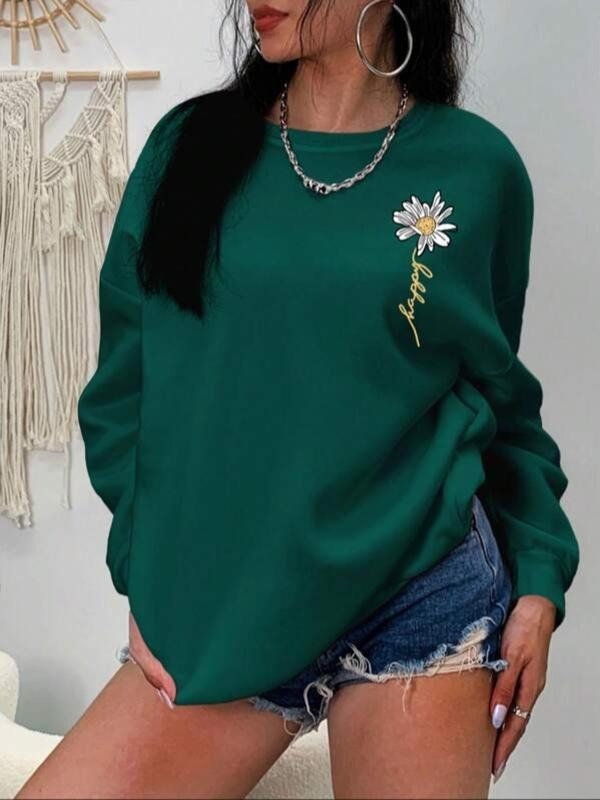 Plus Daisy & Letter Print Drop Shoulder Sweatshirt, Casual Long-Sleeve Round Neck Pullover For Fall & Winter, Women's...