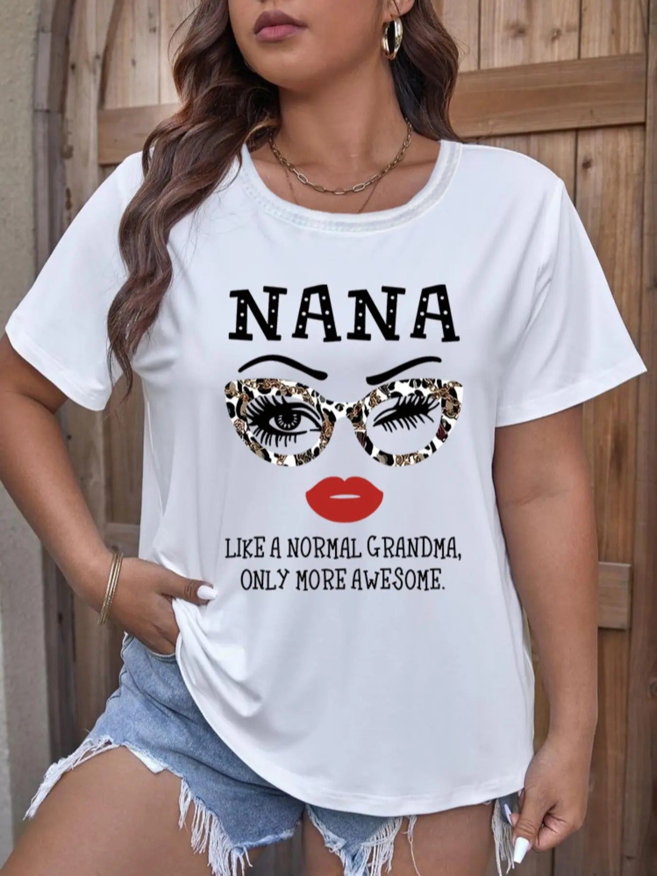 Plus Figure & Letter Print Round Neck Tee, Fashion Casual Crew Neck Short Sleeve T-Shirt for Daily Outdoor Wear, Women...
