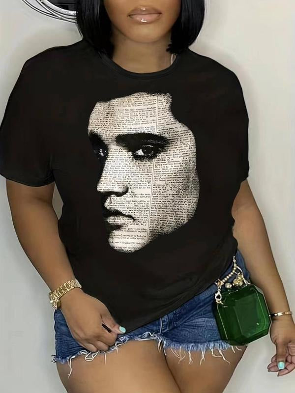 Plus Figure Print Round Neck Tee, Trendy Casual Short Sleeve Crew Neck T-shirt For Daily Wear, Ladies Plus Clothing For...