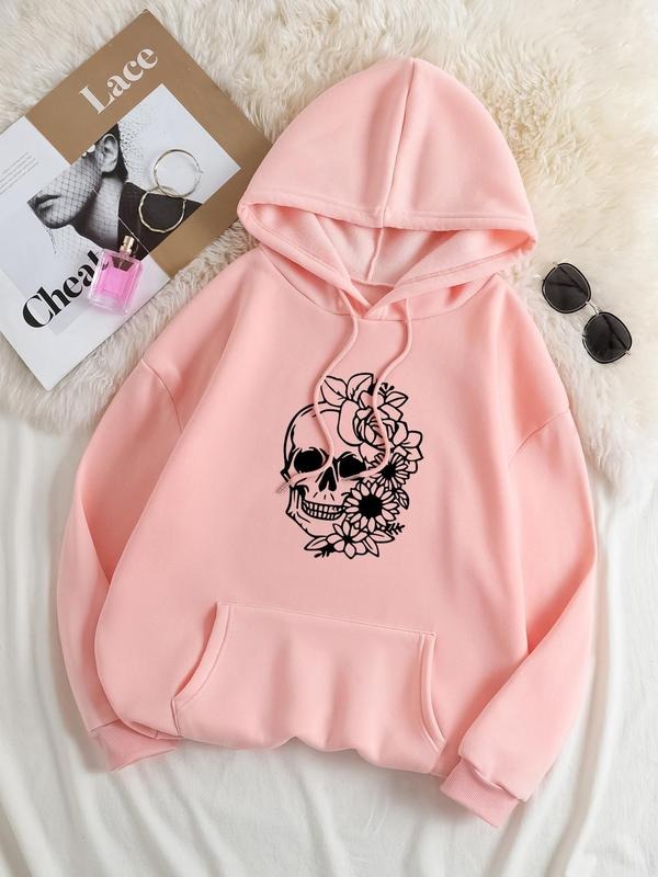 Plus Floral Skull Print Drop Shoulder Hoodie, Fashion Casual Drawstring Pocket Hooded Sweatshirt for Daily Holiday...