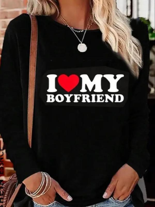 Plus Heart & Letter Print Round Neck Tee, Women's Casual Long Sleeve Crew Neck T-Shirt, Women Plus Clothing for Spring &...