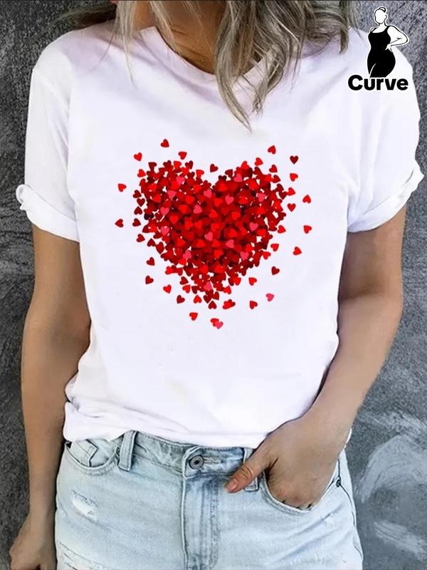 Plus Heart Print Round Neck Tee Suitable, Women's Casual Short Sleeve Crew Neck T-shirt for Summer, Women 2024 Trendy...