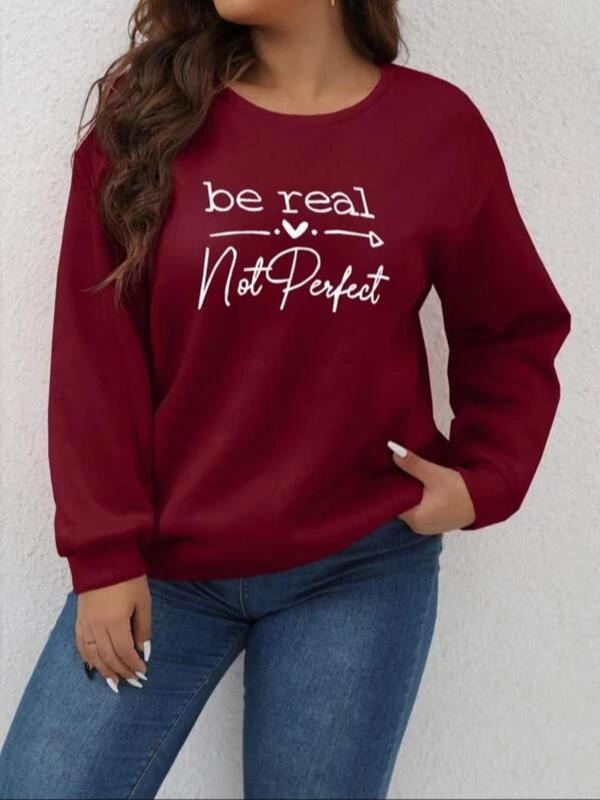 Plus Letter Print Drop Shoulder Sweatshirt, Casual Long-Sleeve Round Neck Pullover For Fall & Winter, Women's Clothes For...