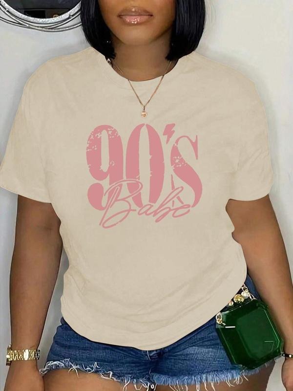 Plus Size "90's Babe" Print Round Neck Graphic Tee, Graphic Tees, Vintage Trendy Casual Short Sleeve T-shirt for Daily...