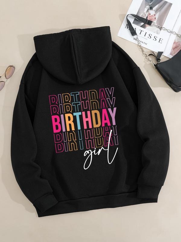 Plus Size "Birthday Girl" Letter Print Drop Shoulder Drawstring Hoodie, Trendy Kangaroo Pocket Long Sleeve Hooded...