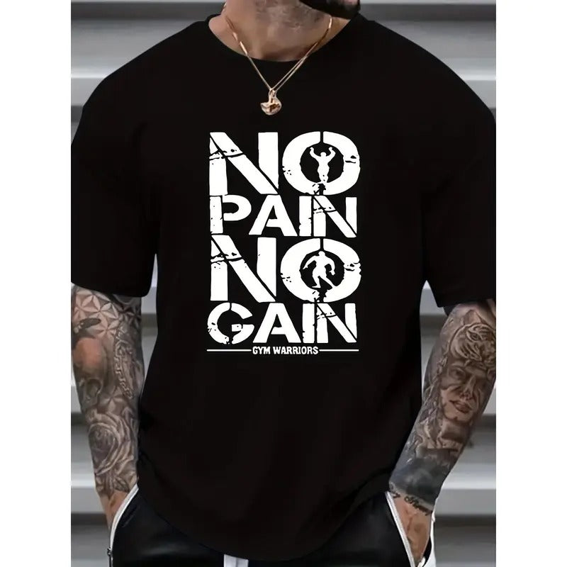 Plus Size 'No Pain No Gain' Print Men's Casual Tees Short Sleeve Breathable Comfy T-Shirt Tops, Men's Summer Clothing...