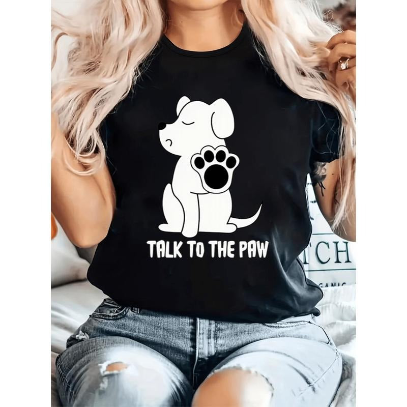 Plus Size "Talk to the Paw" Dog Graphic Tee - Cute Cartoon Dog with Paw Prints, Soft & Comfortable Round Neck T-Shirt for...