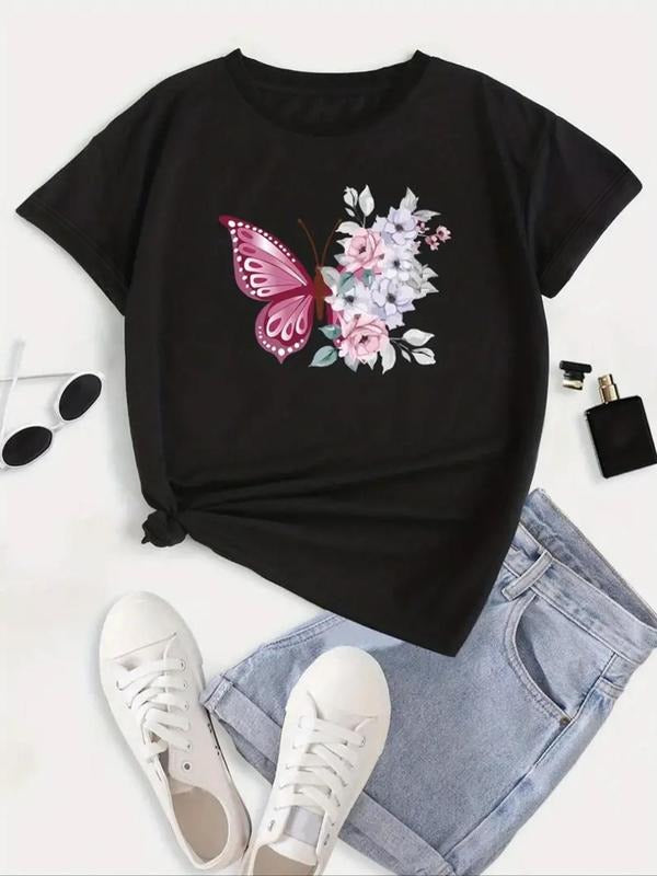 Plus Size Butterfly & Floral Print Round Neck Tee, Fashion Casual Crew Neck Short Sleeve T-Shirt for Daily Outdoor Wear,...