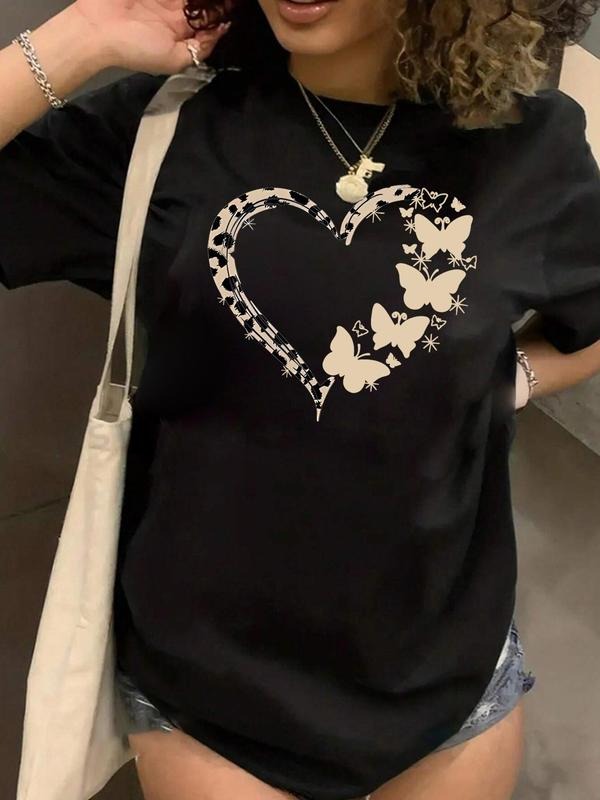 Plus Size Butterfly & Heart Print Drop Shoulder Tee, Casual Half Sleeve Round Neck T-shirt for Summer, Women's Plus...