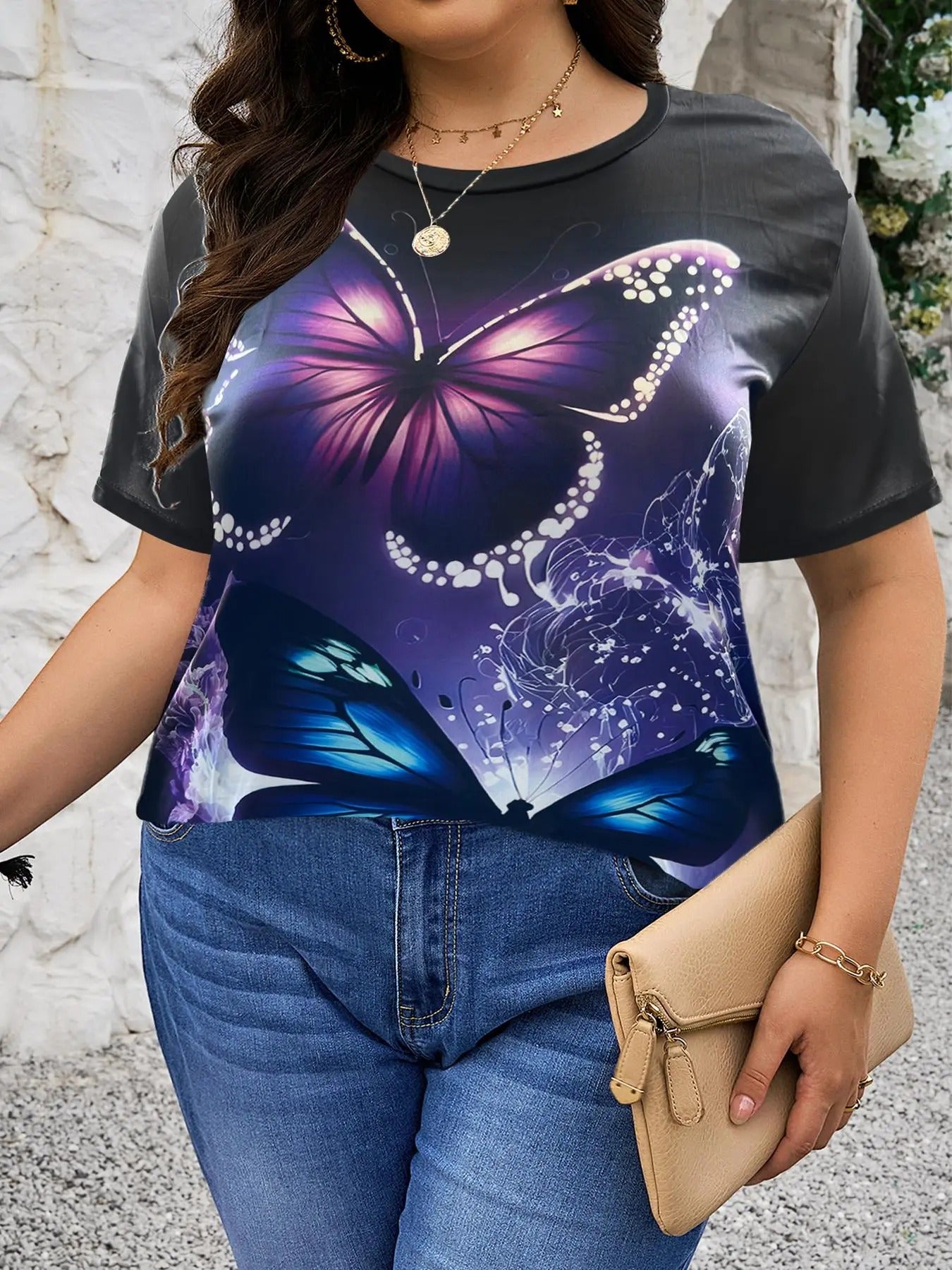 Plus Size Butterfly Print Round Neck Tee, Casual Short Sleeve Crew Neck T-shirt for Daily Wear, Women Plus Clothing for...