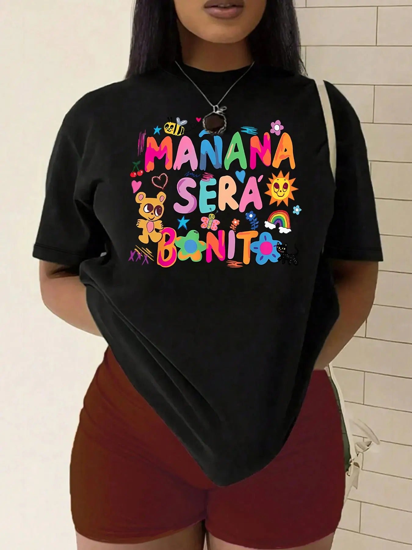 Plus Size Cartoon & Letter Print Drop Shoulder Tee, Casual Half Sleeve Round Neck T-shirt for Summer, Women's Plus...