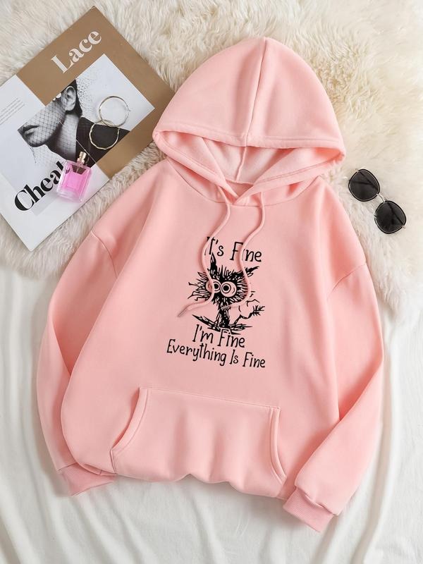 Plus Size Cartoon Cat & Letter Print Drop Shoulder Hoodie, Fashion Casual Drawstring Pocket Hooded Sweatshirt for Daily...