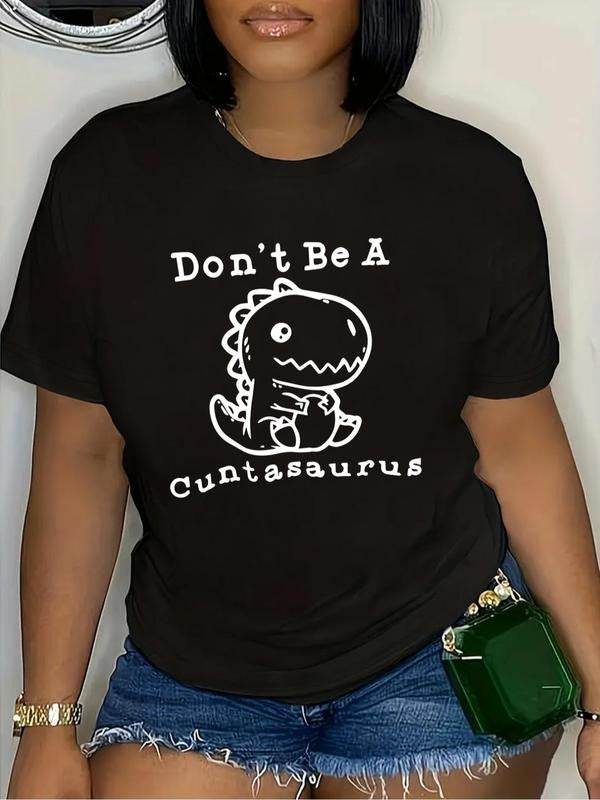 Plus Size Cartoon Dinosaur & Letter Print Round Neck Tee, Casual Crew Neck Short Sleeve T-shirt, Women Plus Clothing for...