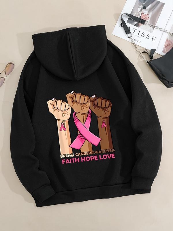 Plus Size Cartoon Hand & Letter Print Drop Shoulder Hoodie, Casual Long Sleeve Drawstring Pocket Hooded Sweatshirt for...