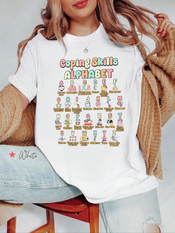 Plus Size Cartoon Letter Print Round Neck Tee, Casual Short Sleeve T-shirt for Summer, Women's Plus Clothing for Daily...