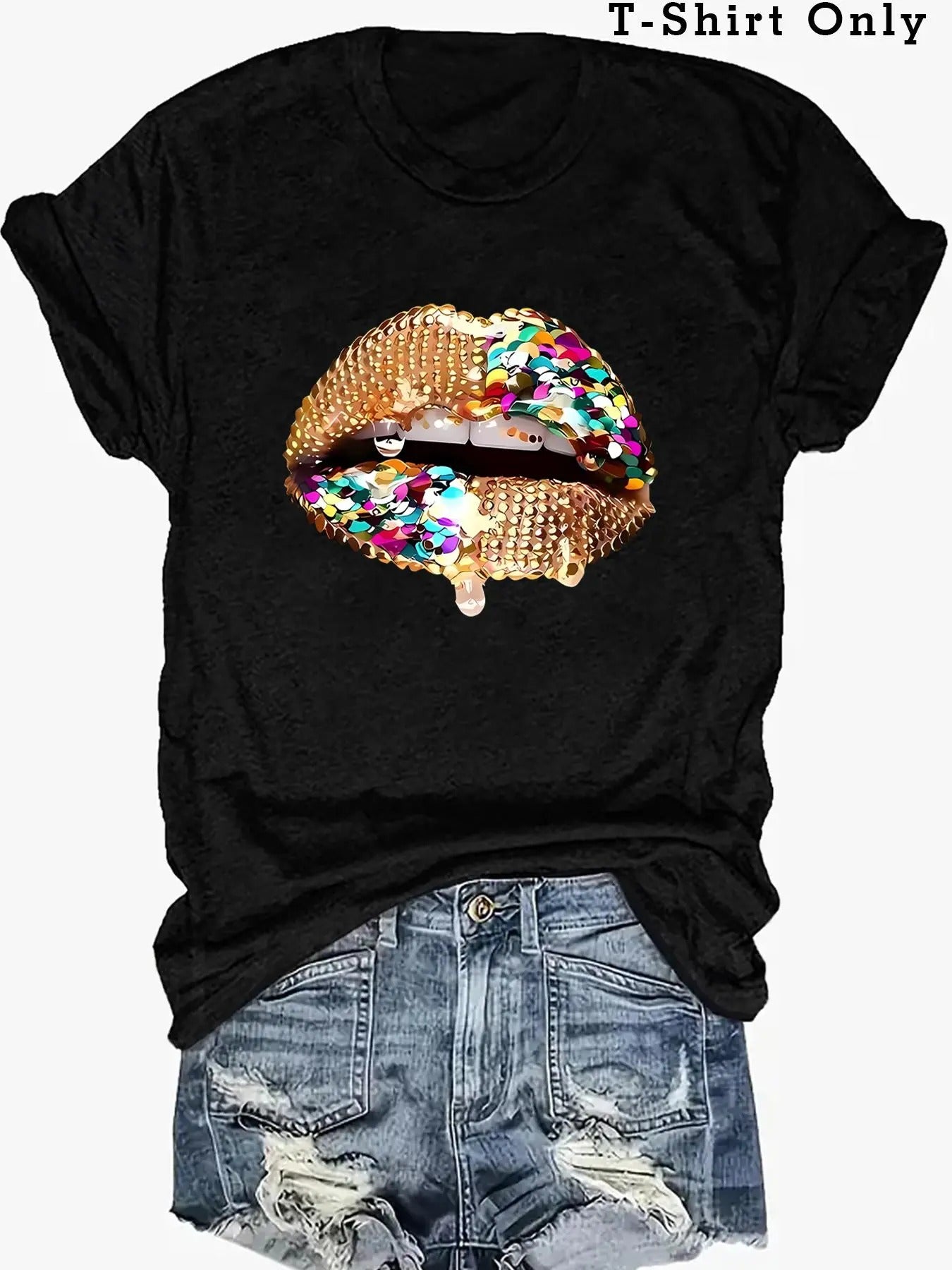 Plus Size Cartoon Lip Print Round Neck Tee, Fashion Casual Crew Neck Short Sleeve T-Shirt for Daily Outdoor Wear, Women...