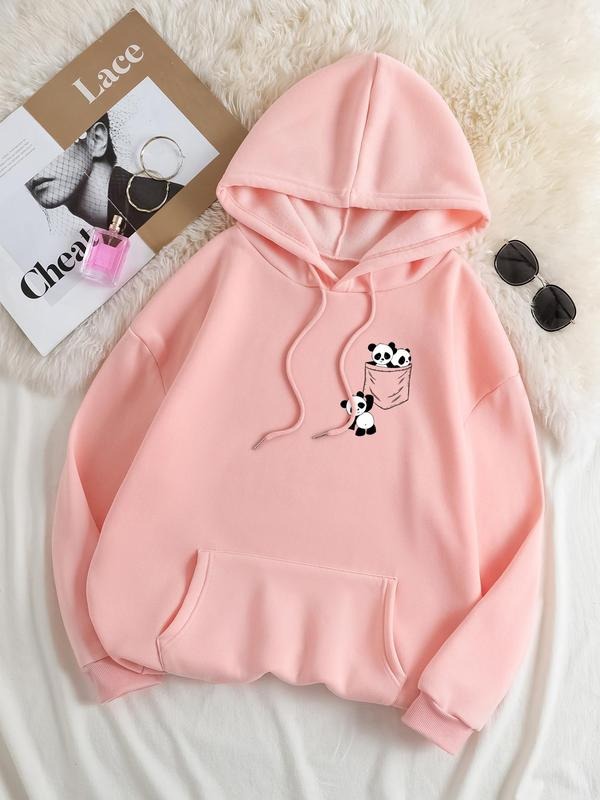 Plus Size Cartoon Panda Print Drop Shoulder Drawstring Hoodie, Fashion Casual Kangaroo Pocket Hooded Sweatshirt for Daily...